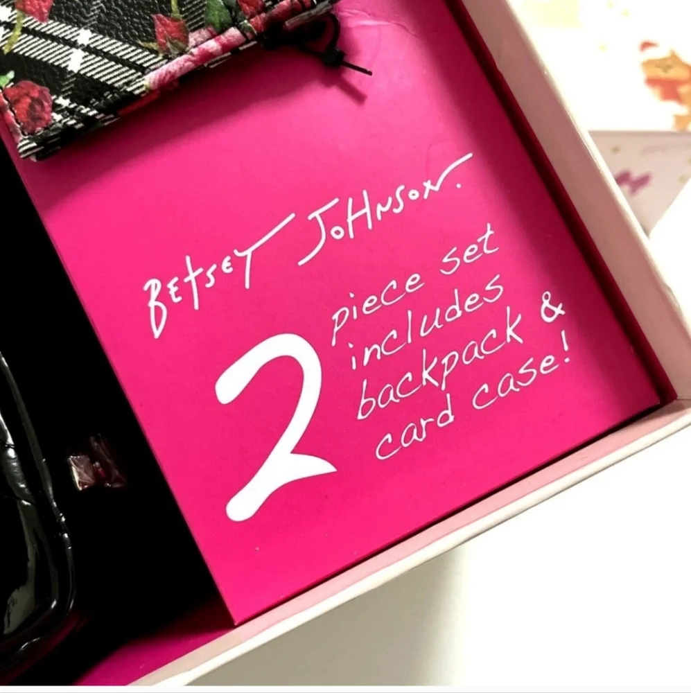 Betsey Johnson Black Patent Leather Cat Santa Hat Backpack & Card Case Set
